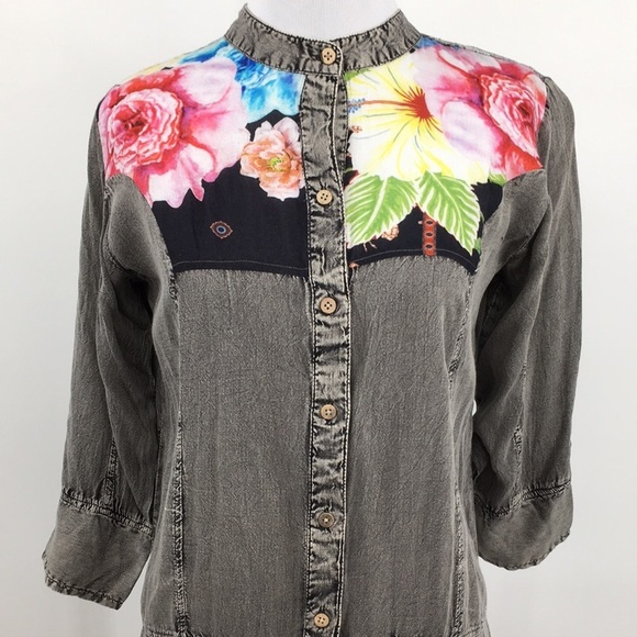 Avanie Blouse Womens Small Gray Feeling Flirty Combo Floral Denim‎ Lace Boho - Picture 2 of 14